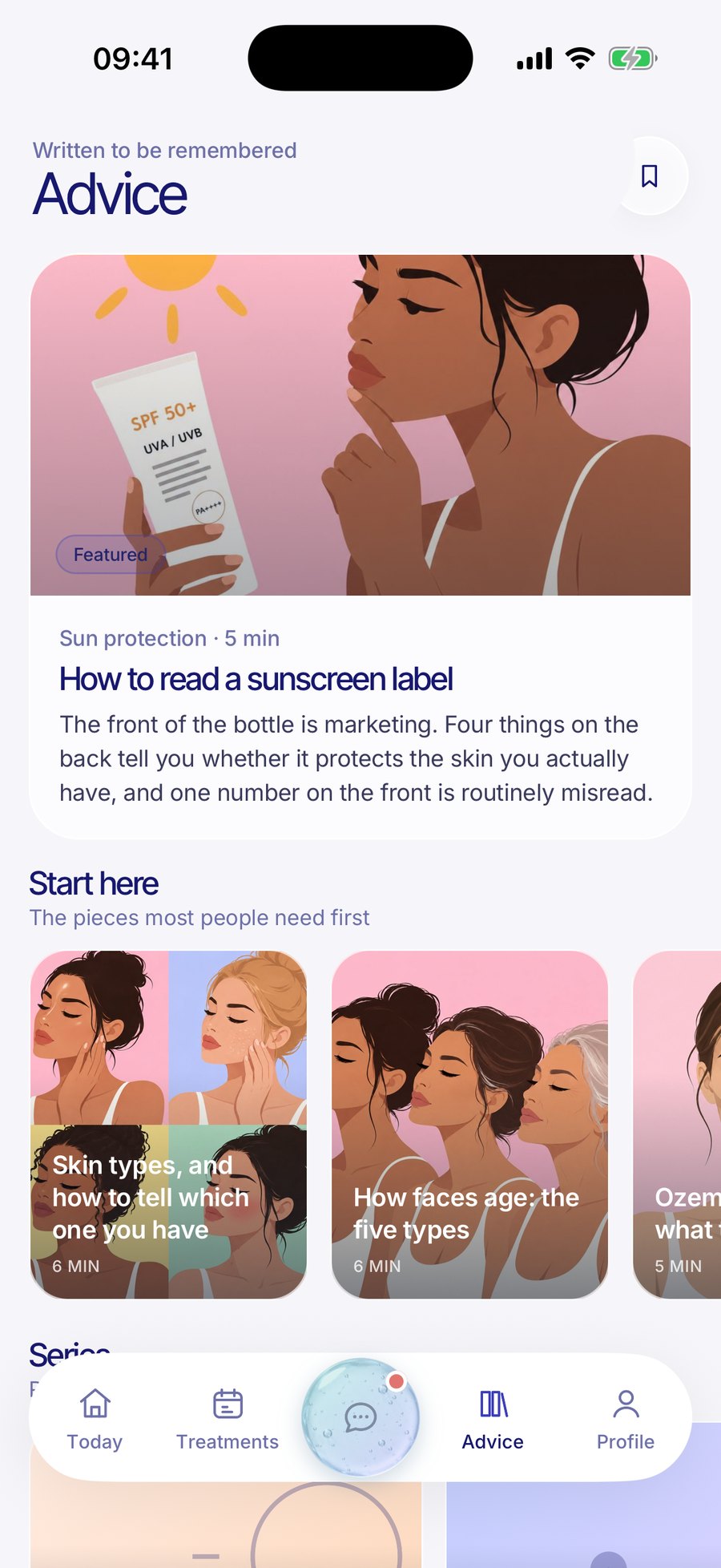 Advice: illustrated articles on skin, sun, actives and body
